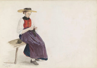 Adolph Tidemand - Strikkende ung pike med bred hatt Meiringen.webp