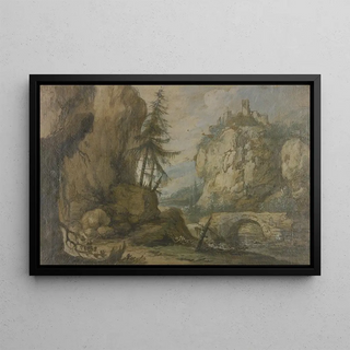 Allaert van Everdingen - Links hohe Felsen mit Tannen rechts auf hohen Felsen eine Burg ber dem Bach eine steinerne Brcke.webp