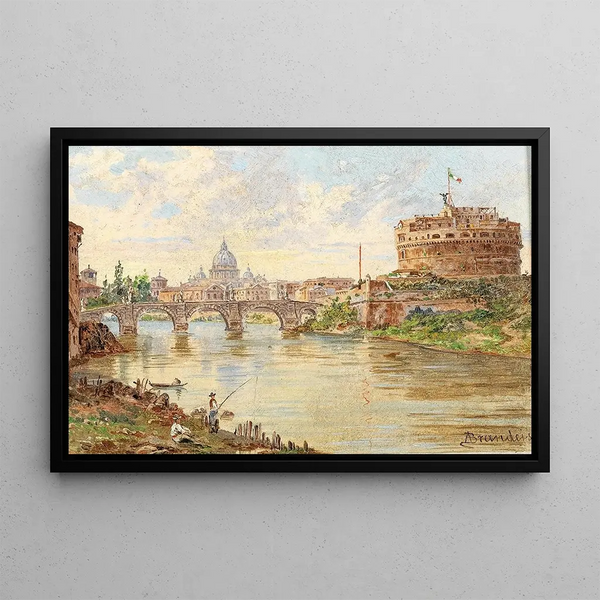 Ansicht von Rom mit dem Château Saint-Ange, der Ponte Sant'Angelo und der Basilika St. Peter im Hintergrund - Antonietta Brandeis — gerahmtes Bild an der Wand