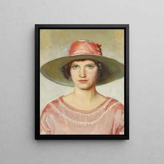 Michael Ancher - Portrt af en pige i lyserd kjole og strhat med lyserdt bnd.webp