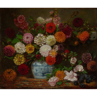 Nature morte aux dahlias, zinnias, roses trémières et prunes - Eugène Delacroix | Reproduction Tableau Décoration murale affiche copie