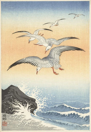 Ohara Koson - Five seagulls above turbulent sea.webp