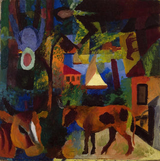 Paysage avec des vaches, un voilier et des figures - August Macke