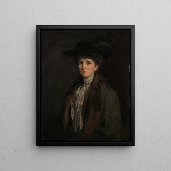 Una donna in marrone che si pensa sia Margaret Edith Bannatyne Cobb - Sir John Lavery — quadro incorniciato alla parete