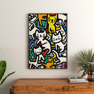 Tableau Pop Art – Danse des Félins | Affiche Colorée de Chats Stylisés | Poster Graphique Ludique et Dynamique pour Déco Murale Contemporaine
