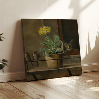 Stampa d'arte | Natura morta con una primula in un vaso di fiori, un gatto e due passeri - Martinus Rørbye