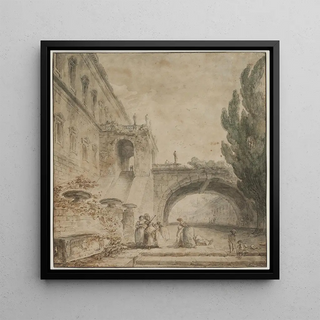 Un palais avec un pont en arc, une villa romaine - Hubert Robert