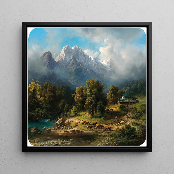 Kühe beim Weiden in der Nähe eines alpinen Sees - Carl Millner — gerahmtes Bild an der Wand