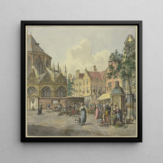 Johannes Huibert Prins - Links der Chor einer Kirche rechts ein Brunnenhaus mit Gemseverkuferinnen.webp