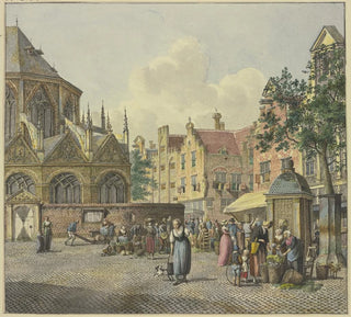 Johannes Huibert Prins - Links der Chor einer Kirche rechts ein Brunnenhaus mit Gemseverkuferinnen.webp