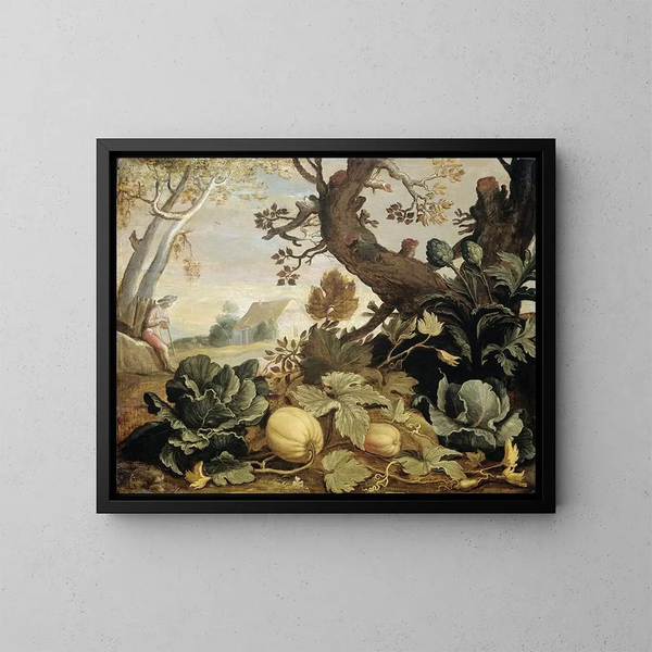 Landschaft mit Früchten und Gemüse im Vordergrund - Abraham Bloemaert — gerahmtes Bild an der Wand