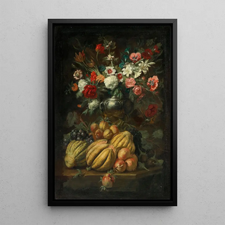 Abraham Brueghel - Flowers in a vase and fruit on a table.webp