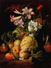 Lys und andere Blumen in einer Vase aus Glas mit Pfirsichen und Melonen - Abraham Brueghel — Ansicht des Kunstwerks