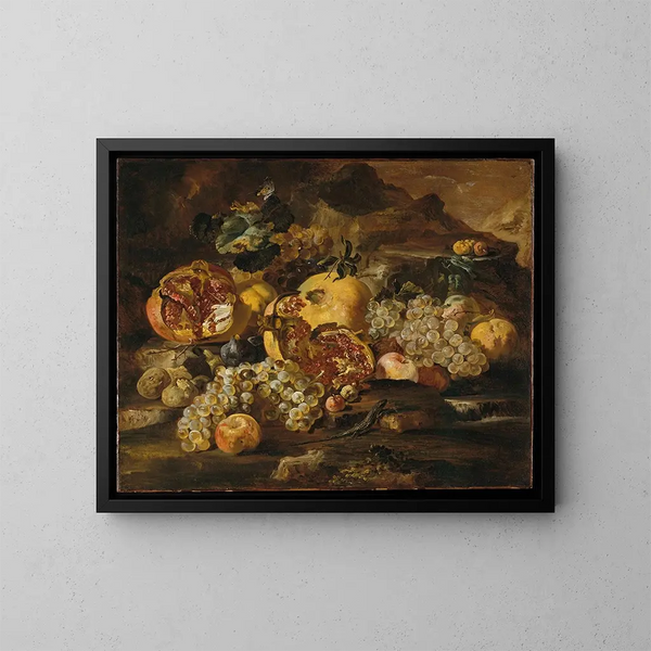 Granaten und andere Früchte in einer Landschaft - Abraham Brueghel — gerahmtes Bild an der Wand