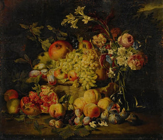Abraham Brueghel - Still life of flowers and fruits including pomegranates peaches and grapes.webp