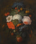 a garland of flowers and fruits including a pink rose, a poppy, a snowball, currants, and wild strawberries, accompanied by a variety of insects - Abraham Mignon — artwork view