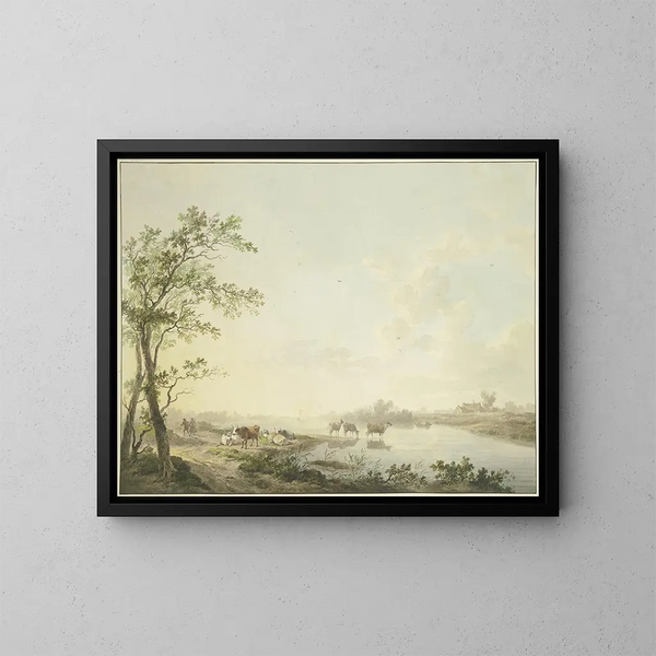 Morgennebel am Flussufer mit sieben Khe am Wasser - Abraham Teerlink — gerahmtes Bild an der Wand