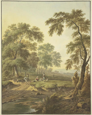 Abraham Teerlink - Waldwiese mit Wasser auf dem Weg ein Reiter auf einem Schimmel dabei einige ruhende Leute mit einem Hund.webp
