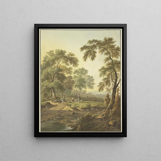 Abraham Teerlink - Waldwiese mit Wasser auf dem Weg ein Reiter auf einem Schimmel dabei einige ruhende Leute mit einem Hund.webp