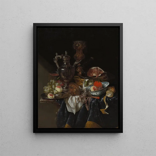 Abraham van Beyeren - Silver Wine Jug Ham and Fruit.webp