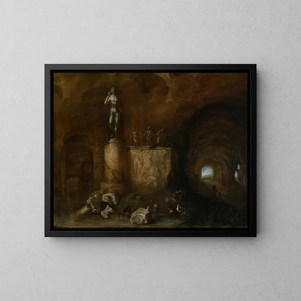 Innenansicht einer Höhle mit Skulpturen und einem schlafenden Hirten - Abraham van Cuylenborch — gerahmtes Bild an der Wand
