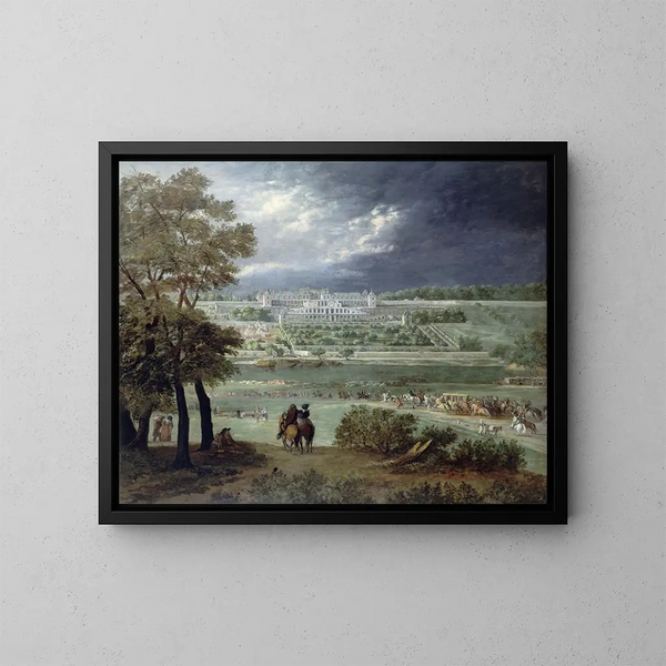 Il castello nuovo di Saint-Germain-en-Laye e i giardini visti dalla riva destra della Senna - Adam Frans van der Meulen — quadro incorniciato alla parete