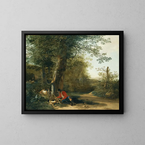 Ein Bauer, der mit seinem Hund spielt und sich am Waldrand ausruht - Adam Pynacker — gerahmtes Bild an der Wand