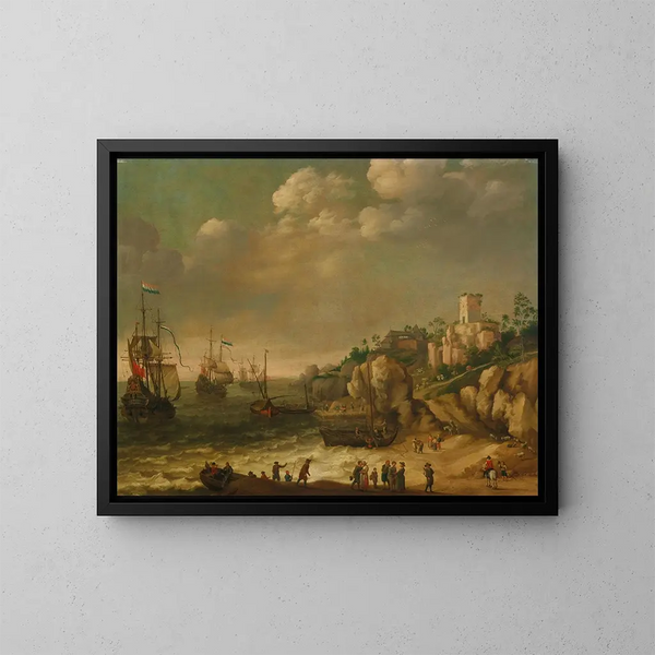 Bateaux néerlandais devant une côte rocheuse avec des figures et des bâtiments au-delà - Adam Willaerts — quadro incorniciato alla parete