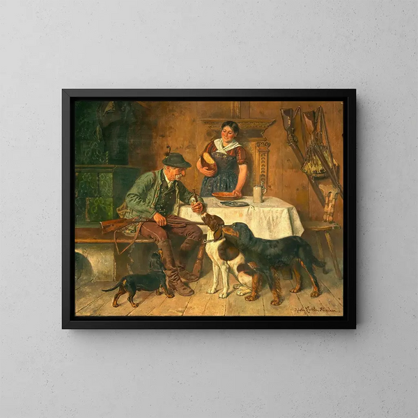Ein Jäger in Ruhe, fröhlicher Empfang - Adolf Eberle — gerahmtes Bild an der Wand