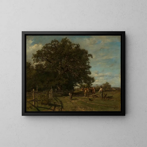 Eichen am Waldrand und Bauer beim Pflügen - Adolf Heinrich Lier — gerahmtes Bild an der Wand