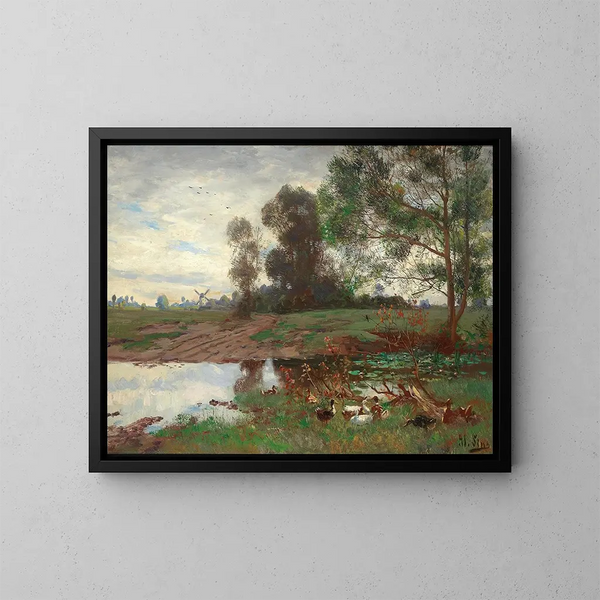 Enten am Teichufer - Adolf Lins — gerahmtes Bild an der Wand
