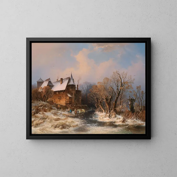 Flusslandschaft im Winter mit Haus und dekorativen Figuren - Adolf Stademann — gerahmtes Bild an der Wand