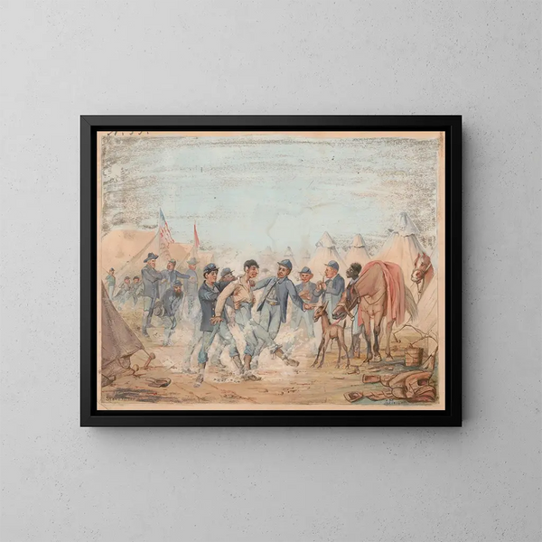 Camp des 32. Regiments der Freiwilligen von Indiana, Kompanie A, bei Stones River, Tennessee, Januar 1863 - Adolph Metzner — gerahmtes Bild an der Wand