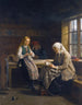 Una giovane ragazza che lavora a maglia in un interno Hardanger - Adolph Tidemand — vista dell’opera