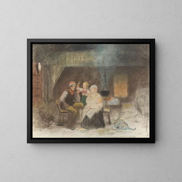 Gruppenfamilie in einem Bauernhof - Adolph Tidemand — gerahmtes Bild an der Wand