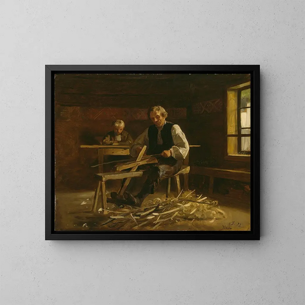 Inneneinrichtung von Viky mit einem Landwirt, der Fassringe herstellt - Adolph Tidemand — gerahmtes Bild an der Wand