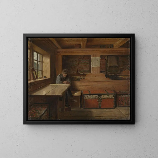 Altes Abstellraum-Gemälde bei Viky - Adolph Tidemand — gerahmtes Bild an der Wand