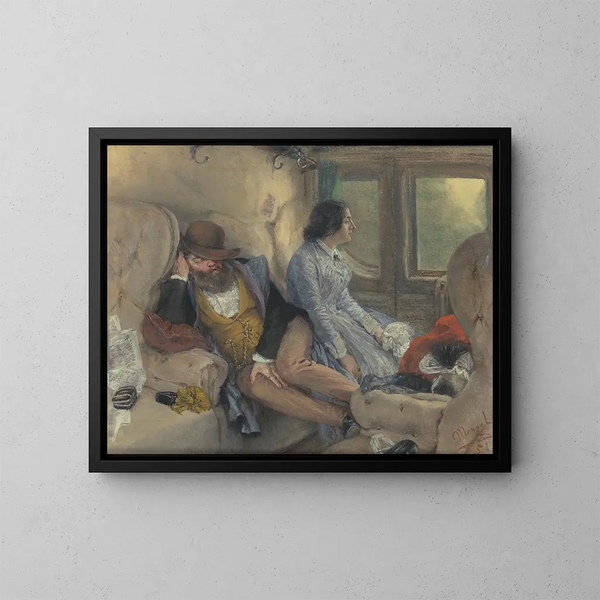 In einem Eisenbahnwagen nach einer nächtlichen Reise - Adolph von Menzel — gerahmtes Bild an der Wand