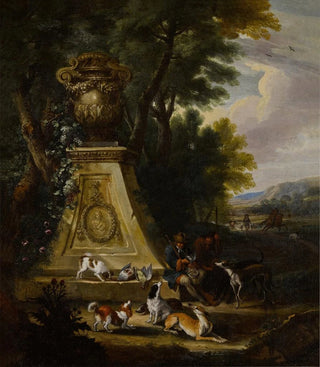 Adriaen de Gryef - Hunting scene in a wooded park land with a pair of hunters and their hounds beside a sculptural plinth.webp