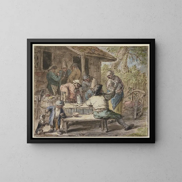 Paesani con bambini davanti a una casa - Adriaen van Ostade — quadro incorniciato alla parete