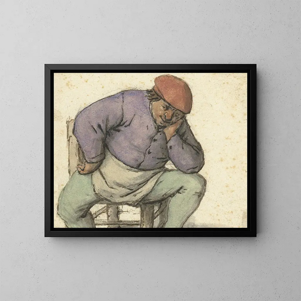 Mann sitzend mit dem linken Fuß auf einem Ofen - Adriaen van Ostade — gerahmtes Bild an der Wand
