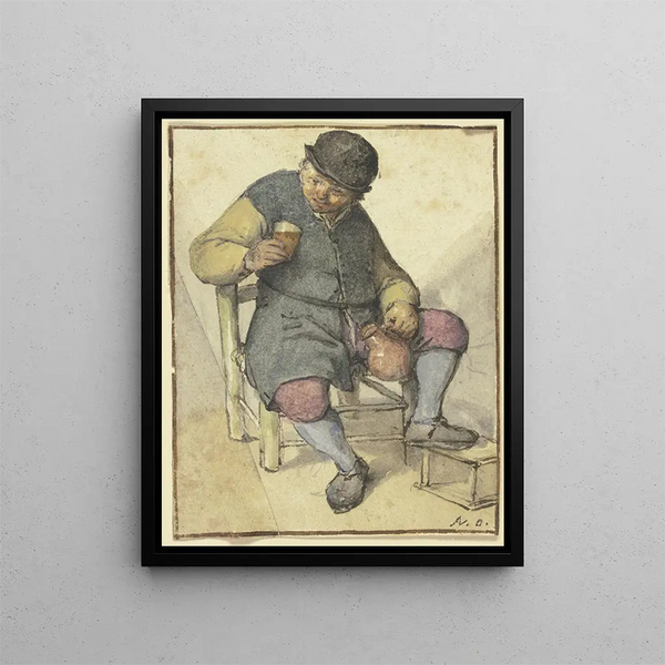 Bauern-Gemälde sitzend von vorne mit Krug und Glas - Adriaen van Ostade — gerahmtes Bild an der Wand