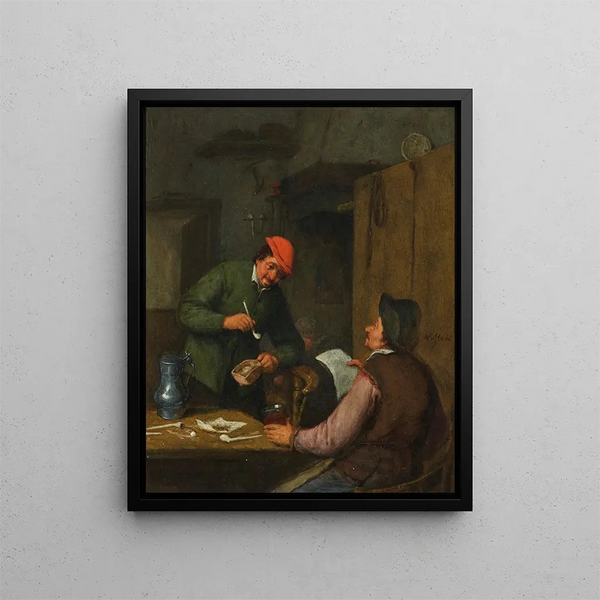 Zwei Bauern rauchen, trinken und lesen in einer Gaststätte - Adriaen van Ostade — gerahmtes Bild an der Wand