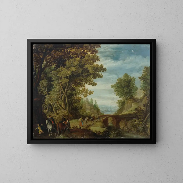 Ein bewaldetes Landschaft mit Reisenden, die eine Brücke überqueren - Adriaen van Stalbemt — gerahmtes Bild an der Wand