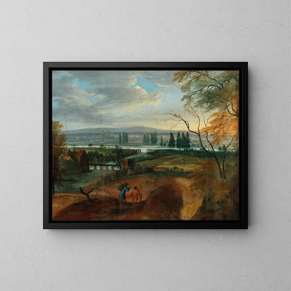 Ein weites, sanft geschwungenes Landschaftsbild mit einem Fluss - Adriaen van Stalbemt — gerahmtes Bild an der Wand