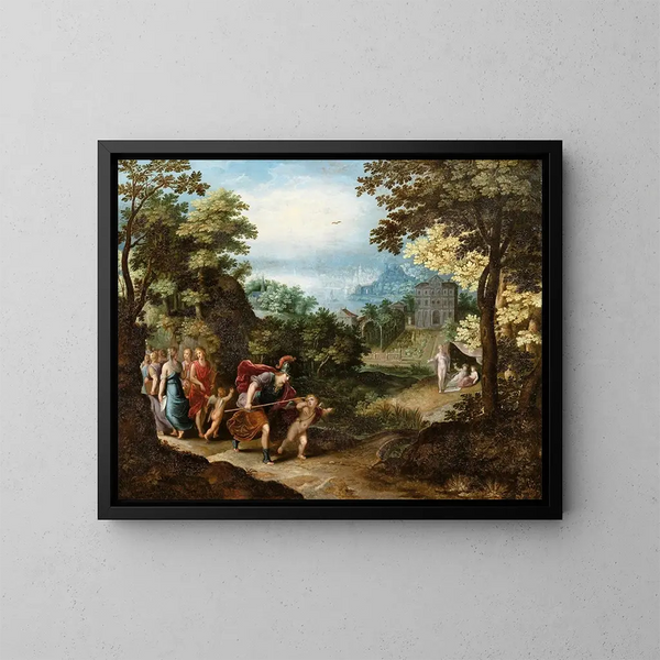 Apollon und Minerva, die die Musen für Venus, Ceres und Bacchus verlassen - Adriaen van Stalbemt — gerahmtes Bild an der Wand