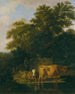 eines bewaldeten Landschaftsgemäldes bei Dämmerung mit zwei Hirten, einem Hund, Schafen und Vieh - Adriaen van de Velde — Ansicht des Kunstwerks