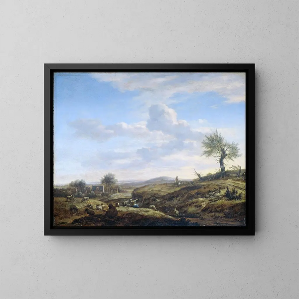 Landschaft mit Hügeln und einer großen Straße - Adriaen van de Velde — gerahmtes Bild an der Wand