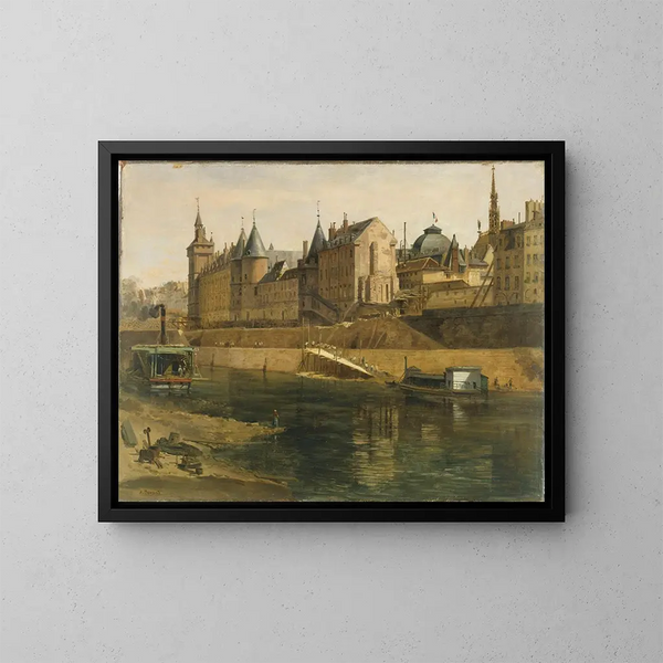 La Conciergerie während der Wiederaufbaumaßnahmen des Justizpalastes - Adrien Dauzats — gerahmtes Bild an der Wand