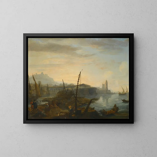 Un porto mediterraneo con figure che si riposano e pescatori che tirano le loro reti in primo piano, una torre oltre - Adrien Manglard — quadro incorniciato alla parete